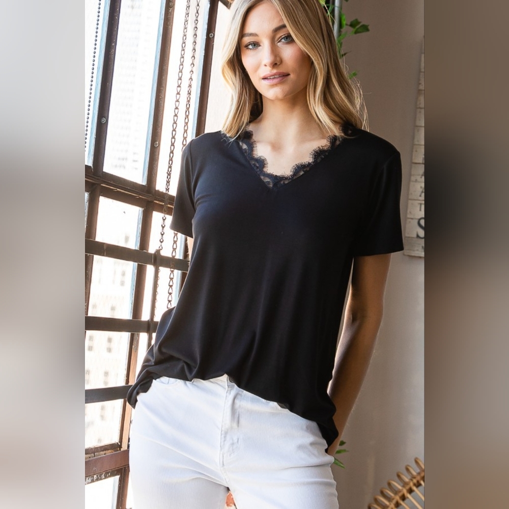 Heimish Lace Detail V-Neck Short Sleeve T-Shirt SALE 20% OFF - Picture 7 of 7